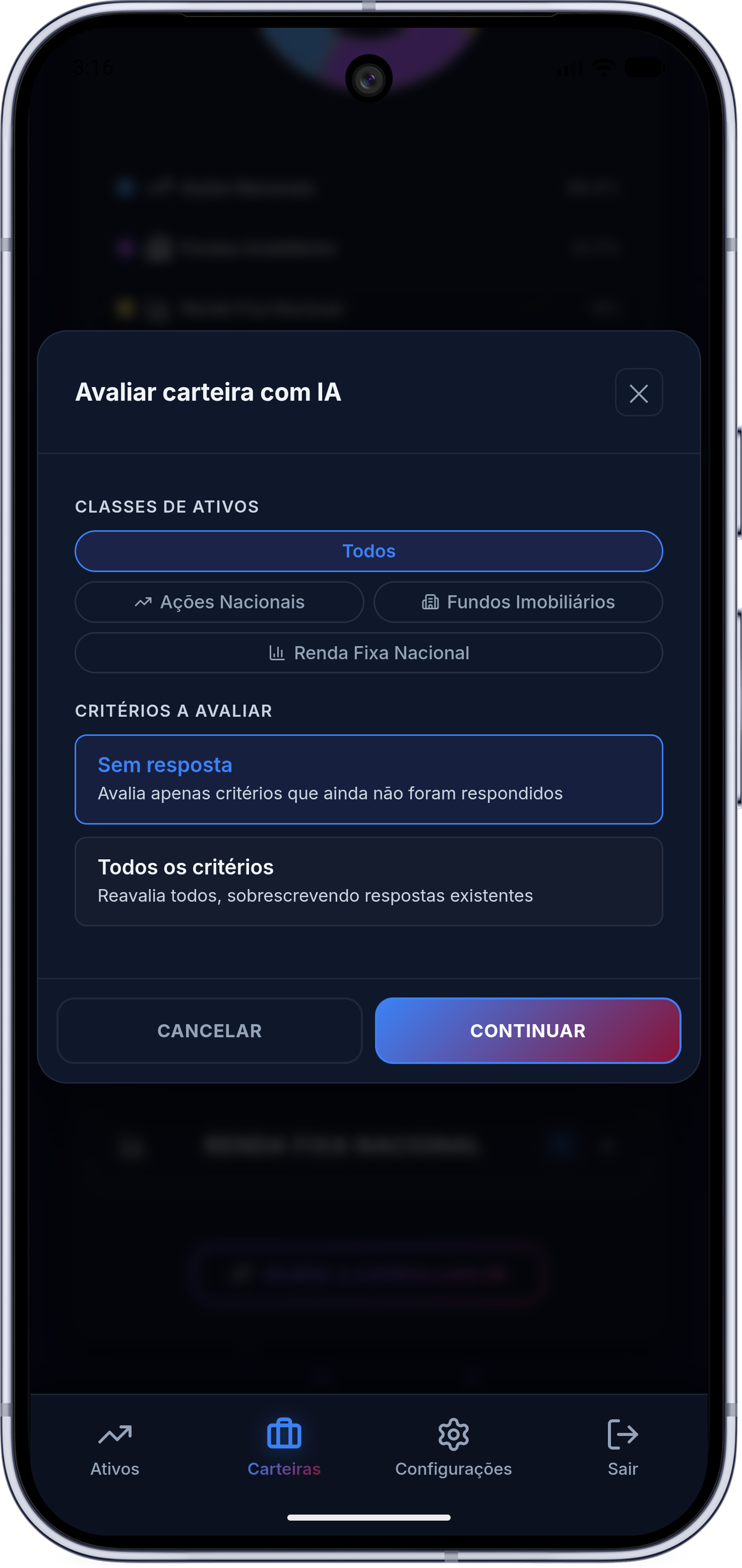 Avaliar carteira com IA - Mobile