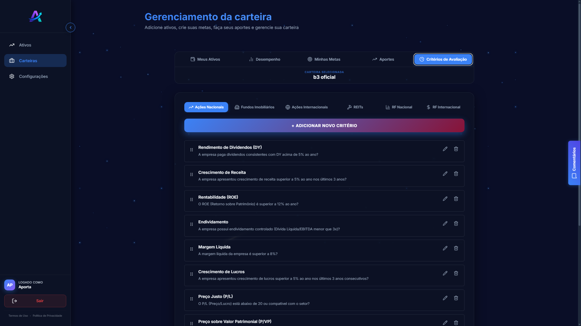 Critérios de avaliação - Web